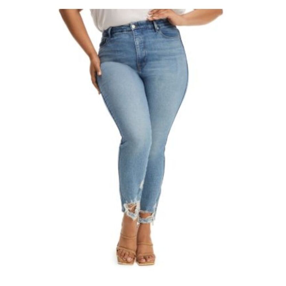 GOOD AMERICAN Womens Blue Denim Chewed Hem Skinny Crop High Waist Jeans 2